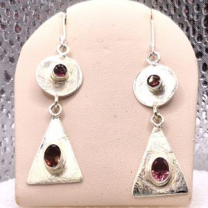 Pink Tourmaline Circle and Triangle Earrings